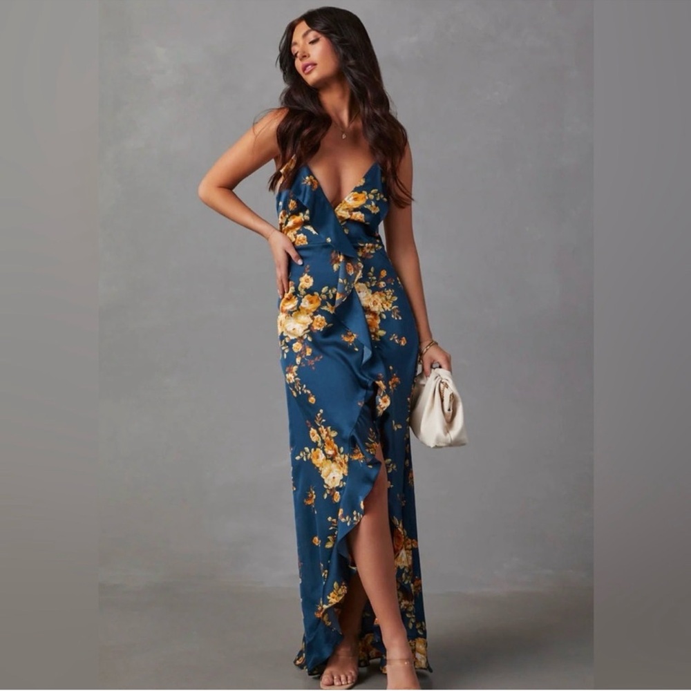 Native chic blue and yellow flower satin dress. PERFECT for derby events!